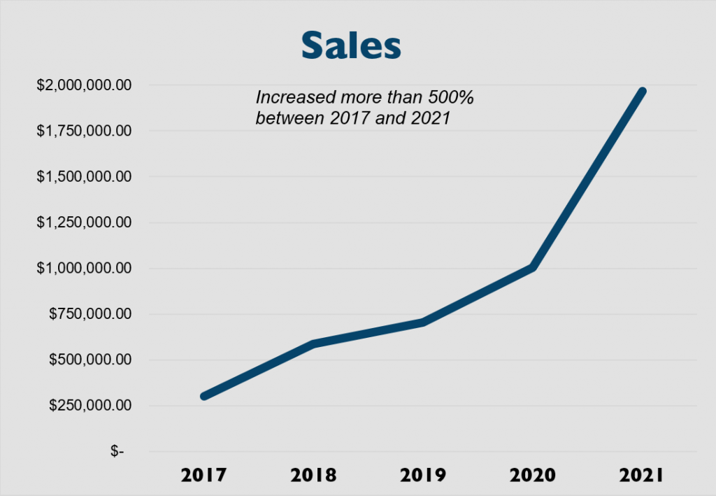 Sales increased more than 500% between 2017 and 2021